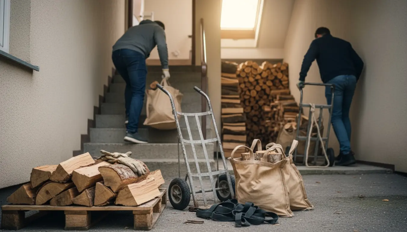 Palle med brænde ved kantstenen og to personer, der bærer fyldte lærredsposer op ad en snæver trappe mod et åbent loft.