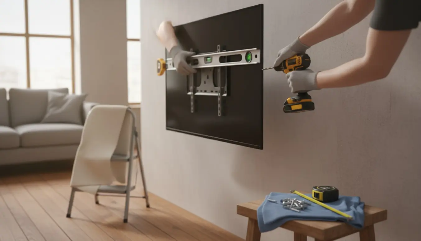 Installatør monterer et fladt tv på en stuevæg med beslag og værktøj i nærbillede.