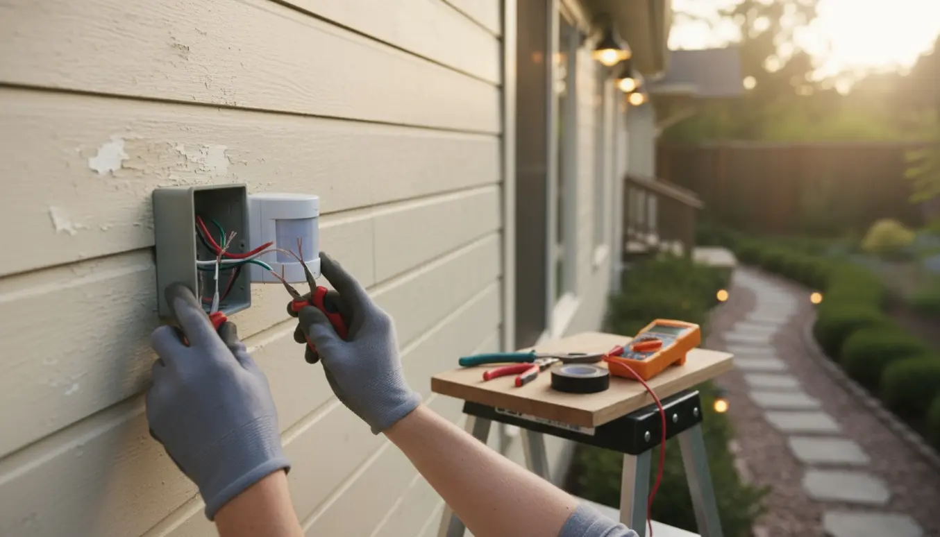 Hænder installerer en bevægelsessensor ved et åbent udendørs eludtag på en husmur med spots i baggrunden.