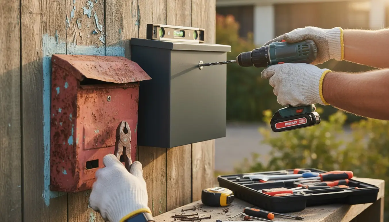 Hænder monterer en ny postkasse på husmuren, mens en gammel rusten postkasse fjernes.