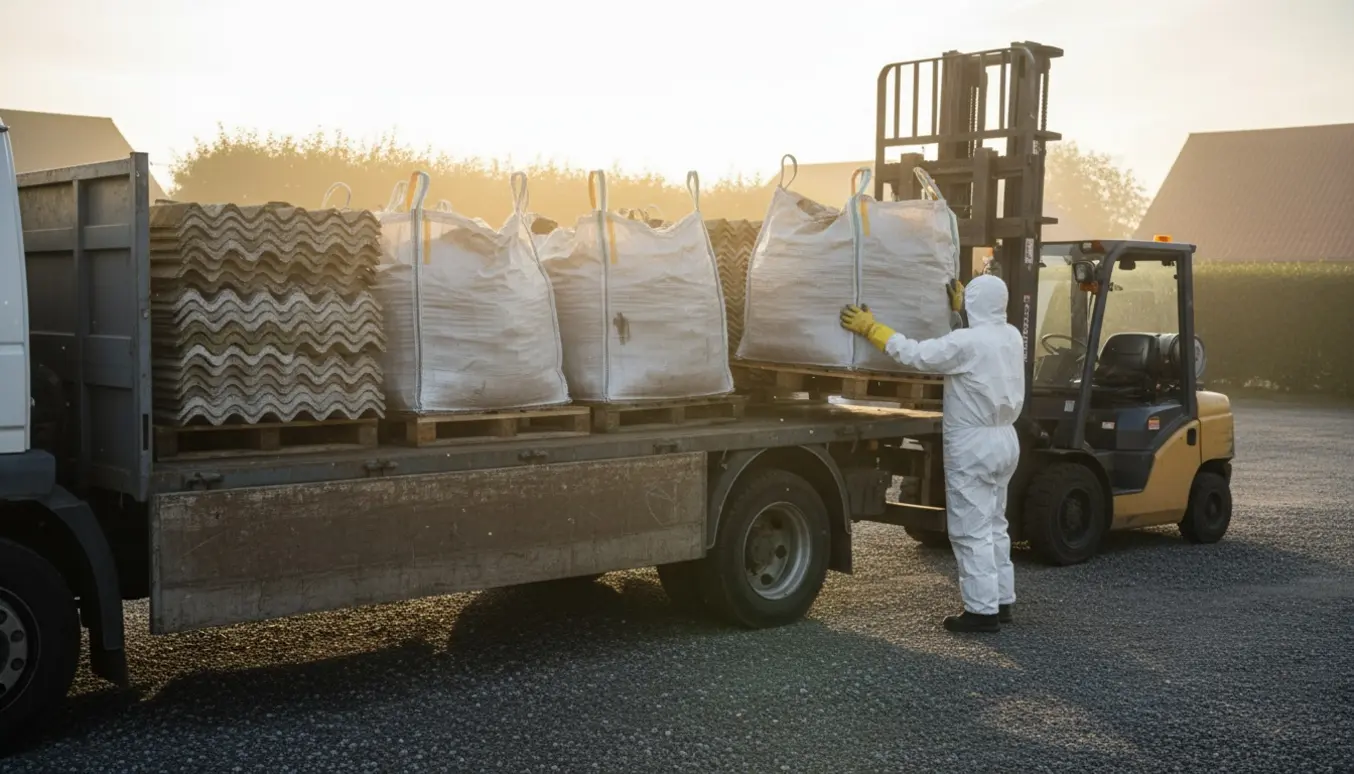 En arbejdstager i beskyttelsesdragt og en gaffeltruck læsser bigbags med eternitplader på en lastbil i et lille industrimiljø.