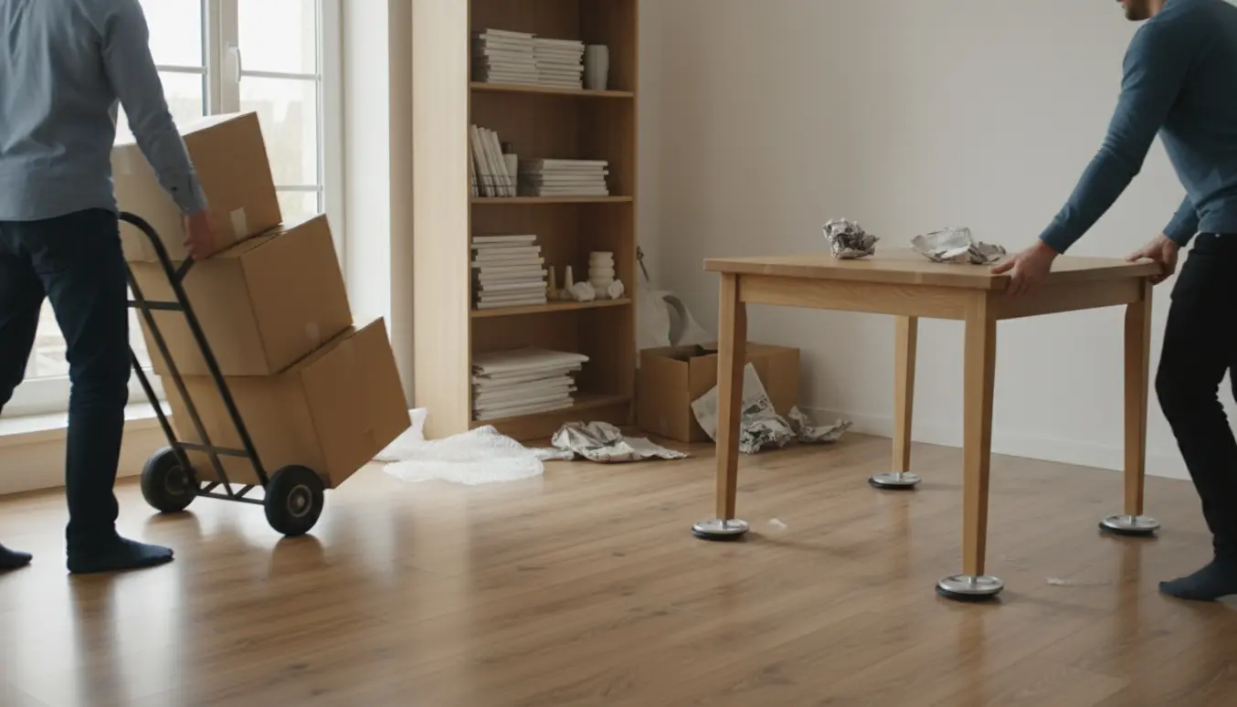 Personer flytter flyttekasser og skubber et bord på møbelglidere i et lyst rum.