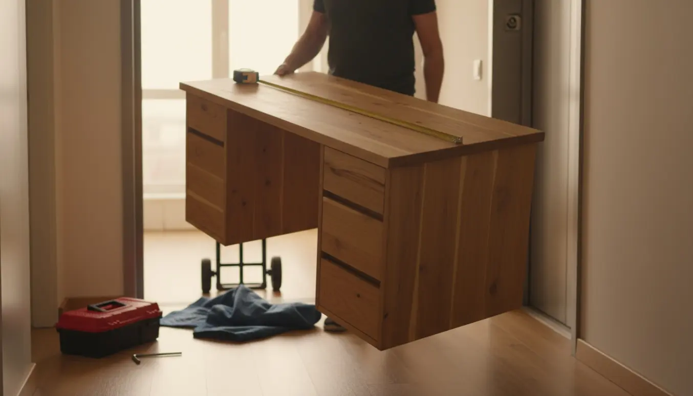 En person bærer et skrivebord gennem opgangen mod en åben elevator, med målebånd og flytteudstyr ved siden af.