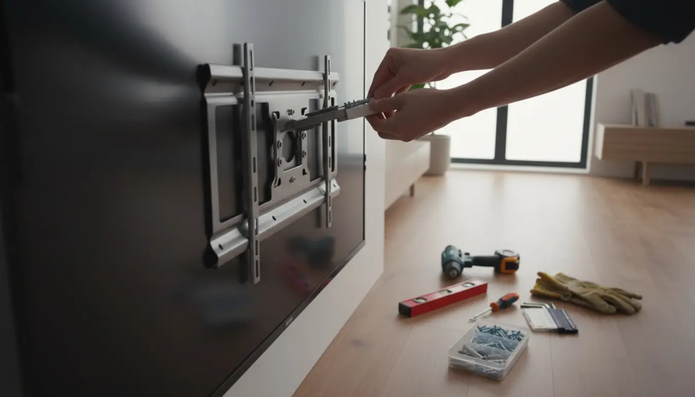 Hænger et fladskærms-tv op på et tilt-vægbeslag med værktøj og en bakke med rawlplugs og skruer.