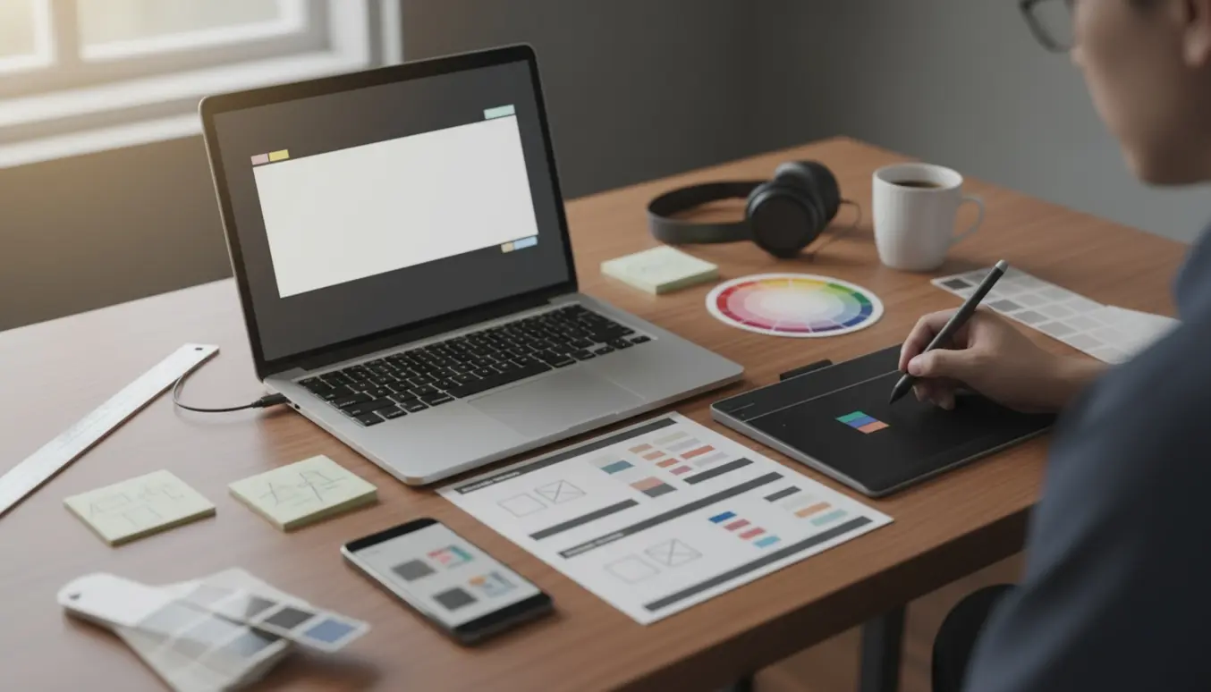 Arbejdsbord med grafisk designer, hænder på tablet og laptop mens et Facebook-cover og korte slides udarbejdes.