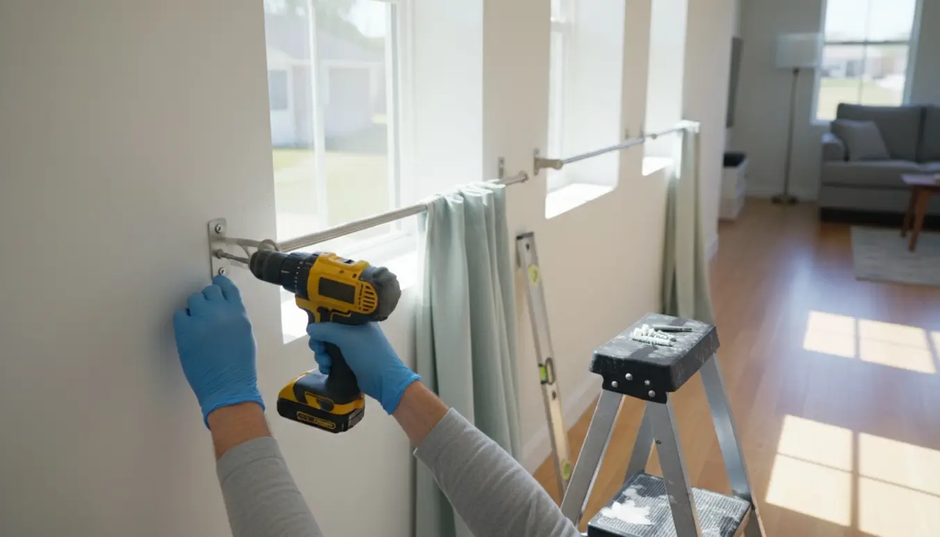 Hånd borer gardinstangbeslag i væggen ved fire vinduer.