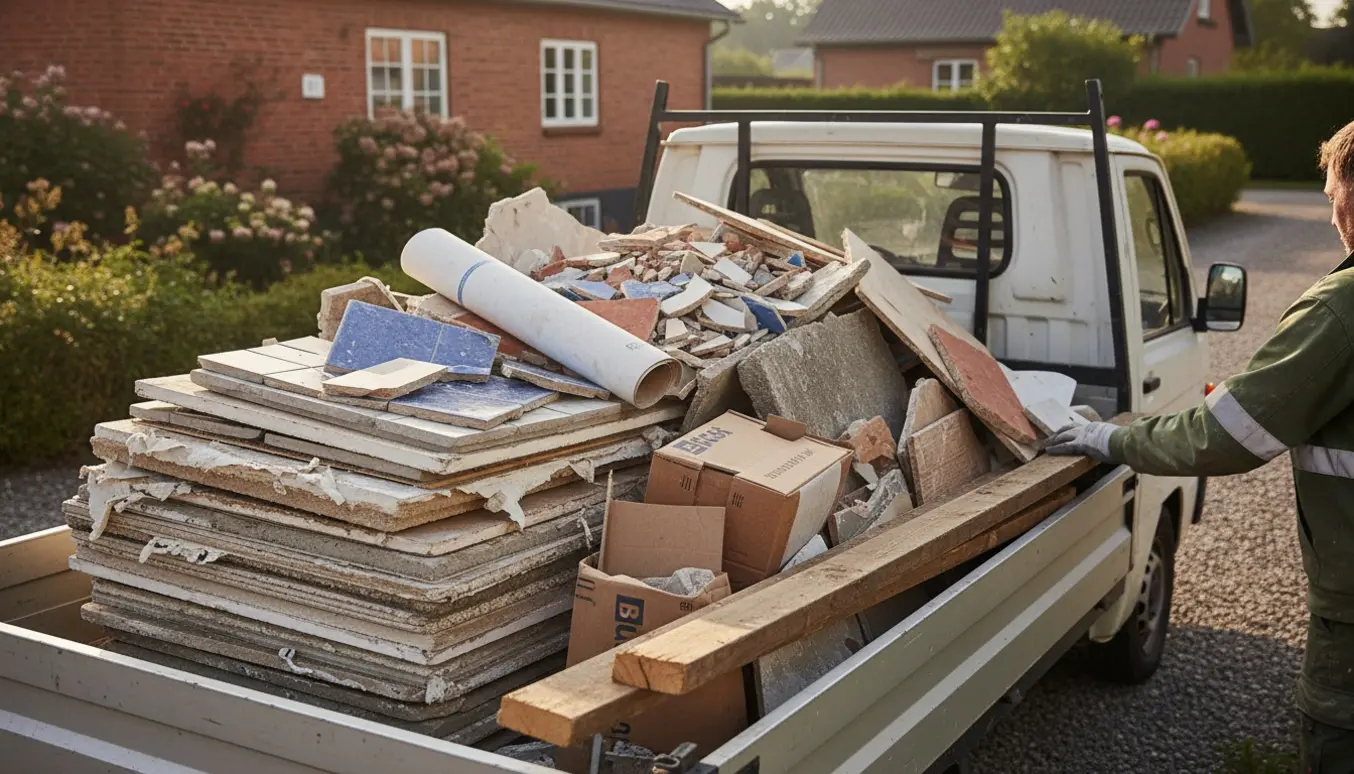 Åben varevogn lastet med byggeaffald—gips, fliser, træ og pap—klar til afhentning.