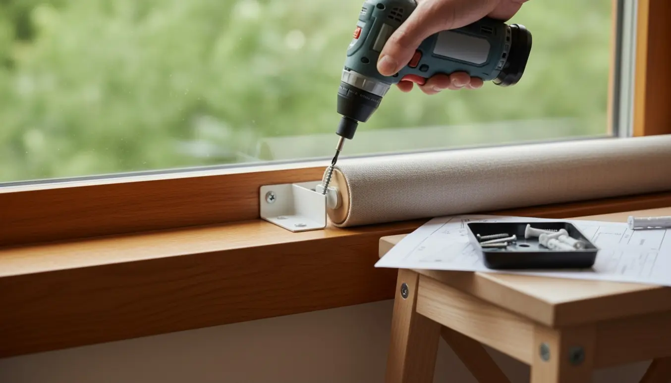 Nærbillede af hænder, der fastgør et rullegardinbeslag i en trævindueskarm med en skruemaskine.