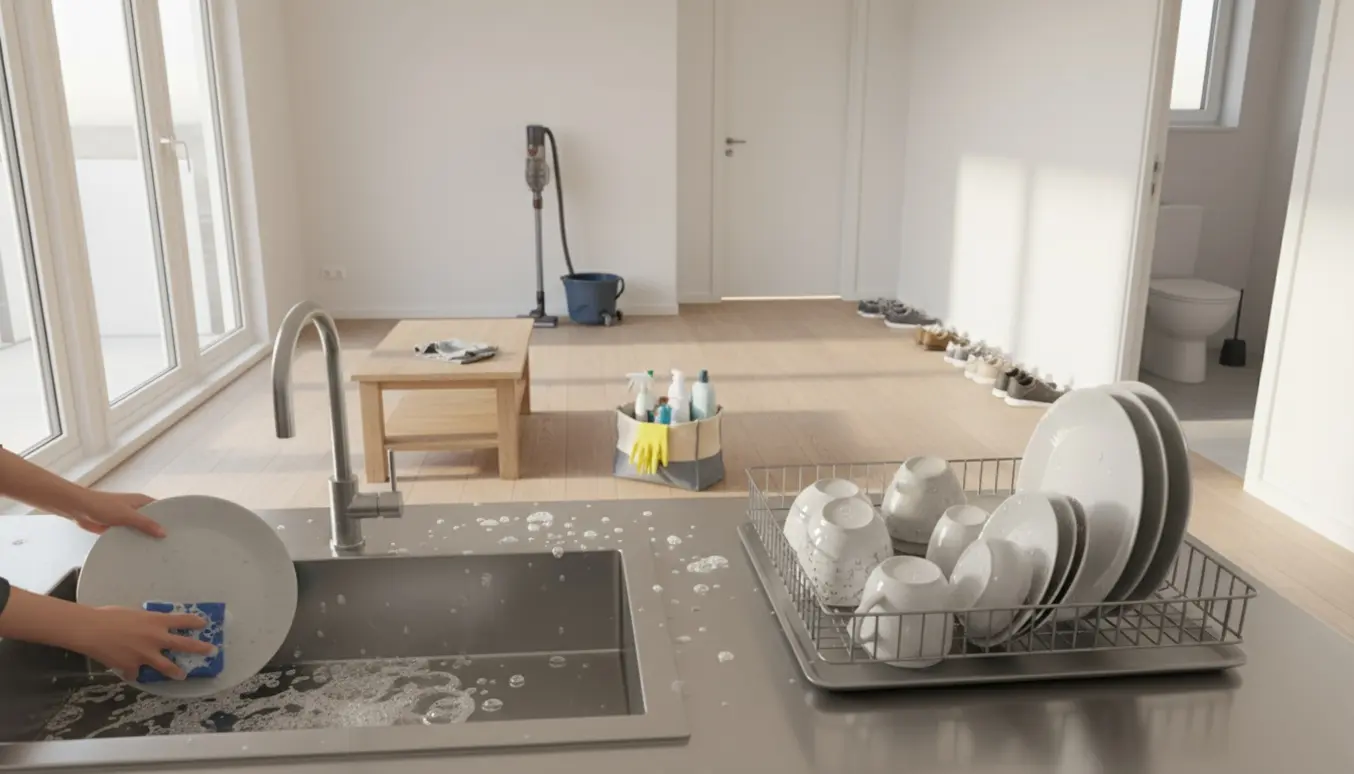 Soloplyst lejlighed med hænder, der vasker op ved køkkenvasken, opvaskestativ fyldt og rengøringsudstyr i stue og gang.