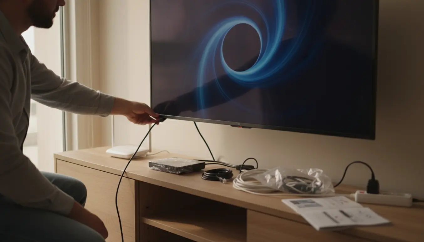 Nærbillede af hænder, der tilslutter HDMI-kabel til et fjernsyn med set-top-boks og router ved opsætning.