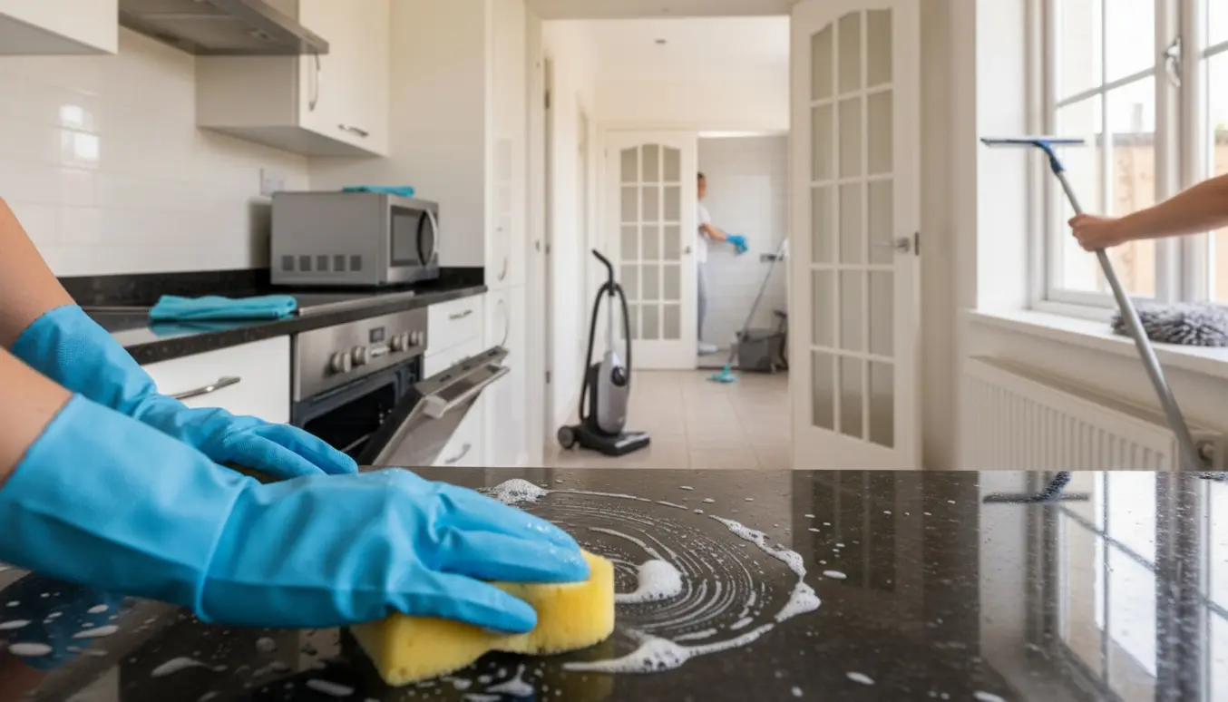 Hænder tørrer granitbord med sæbeskum og vinduer pudses, mens et flisebadeværelse med mop ses i baggrunden.