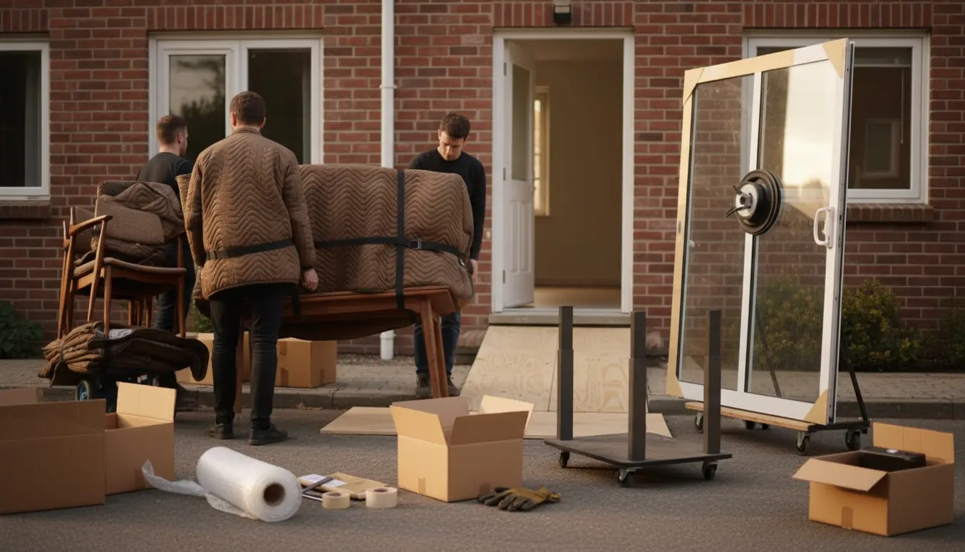 Flytning af bord, stole, glasdøre og kasser mellem bygninger med flytteudstyr i dagslys.