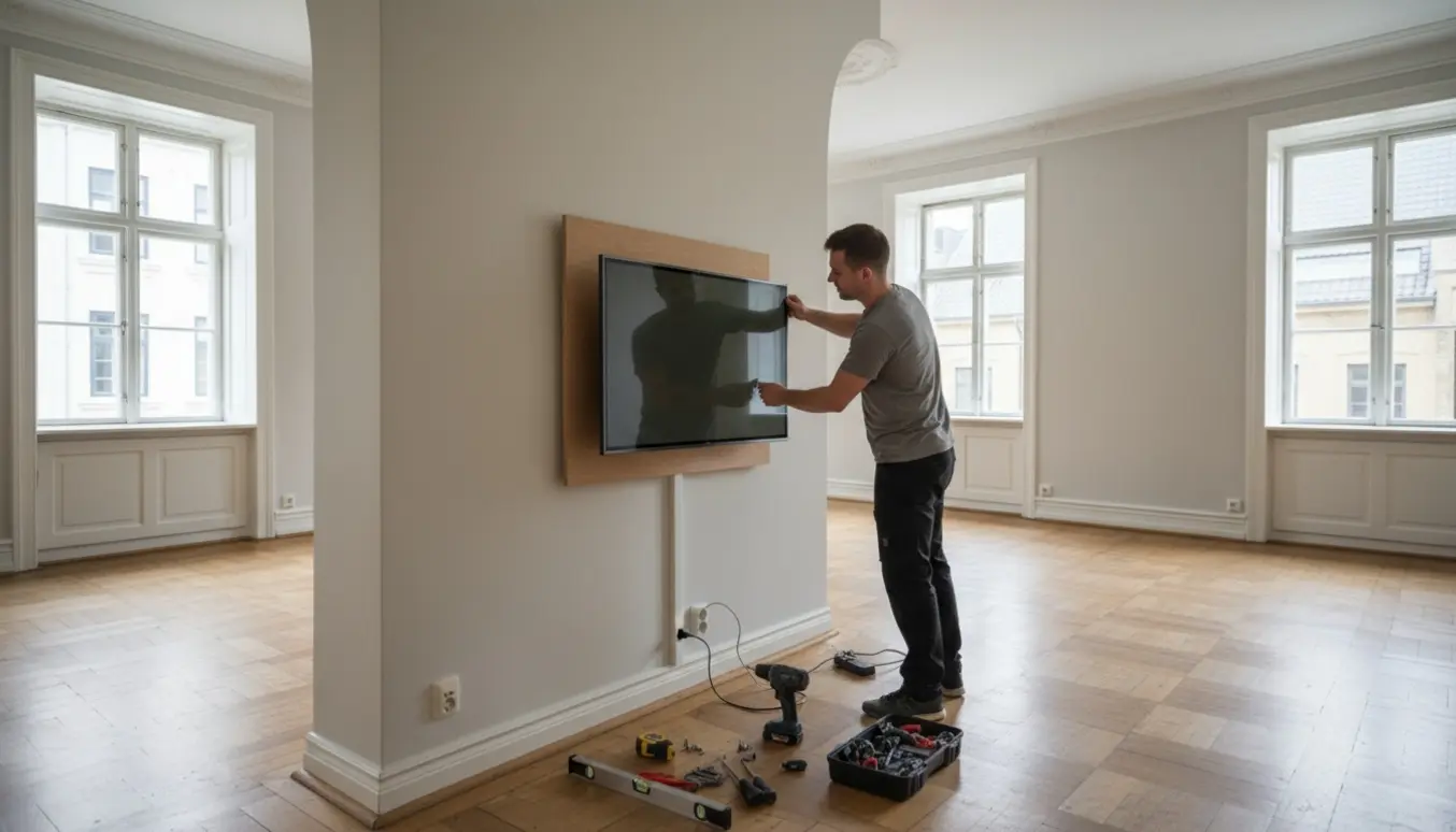 Tv monteres på en let buet væg i en ældre københavnerlejlighed med en træplade bag tv'et og værktøj klar på gulvet.