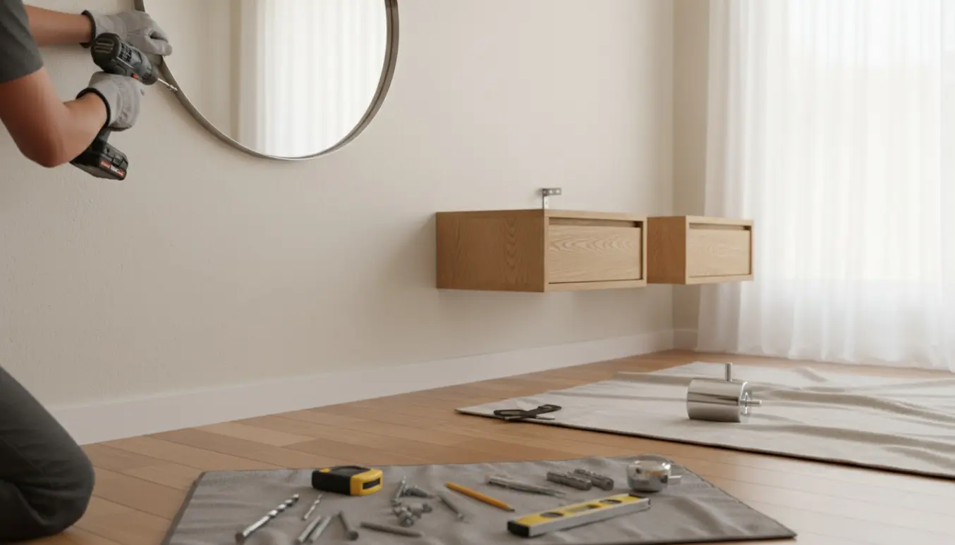 Hænder monterer et tungt spejl med metalramme på en væg med natborde og værktøj klar.