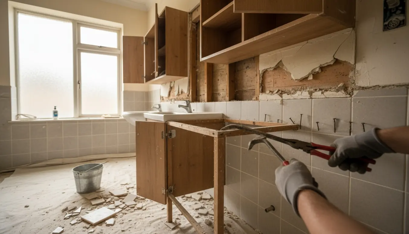Badeværelse under nedrivning, to skabe er delvist fjernet og gamle søm trækkes ud med tænger.