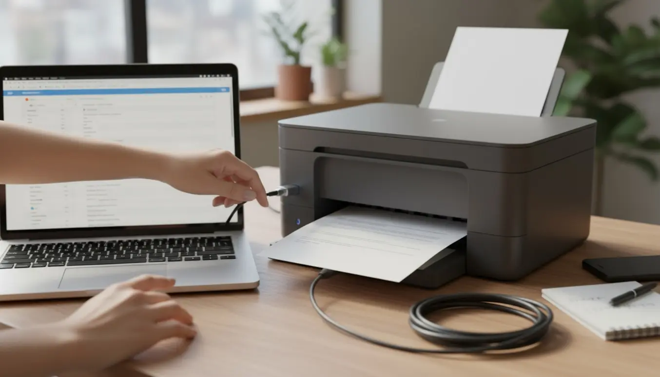 Hænder forbinder en bærbar computer til en printer på et skrivebord med e-mailskærmen sløret i baggrunden.