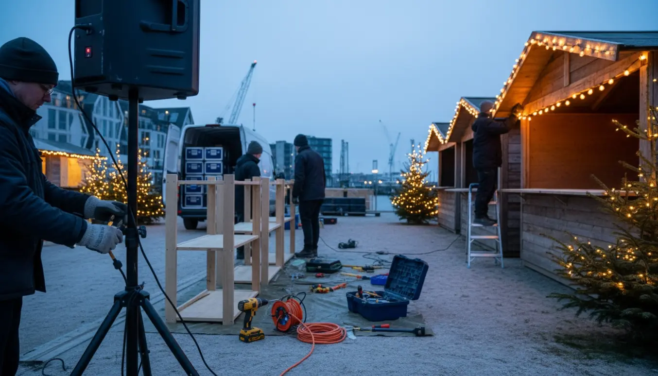 Frivillige opsætter reoler, højtalere og lyskæder til et juleevent i Nordhavn ved skumring.