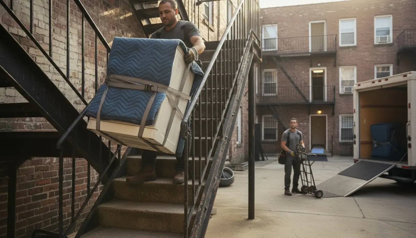 Flyttemænd bærer en indpakket vaskemaskine ned ad en udendørs trappe mod en varevogn i en solrig gårdsplads.