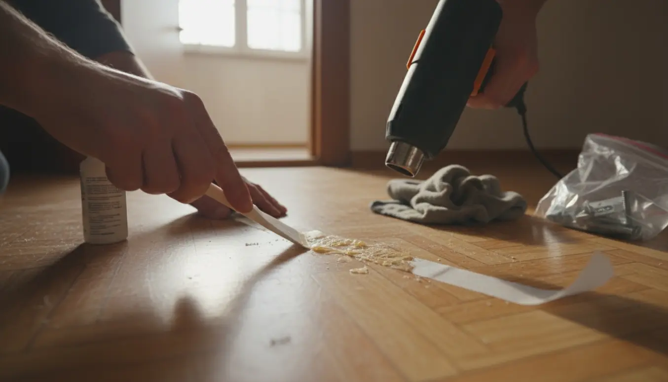 Hænder fjerner dobbeltsidet tape og klæberester fra et linoleumsgulv med skraber og klud, mens inventar ligger i en pose udenfor.