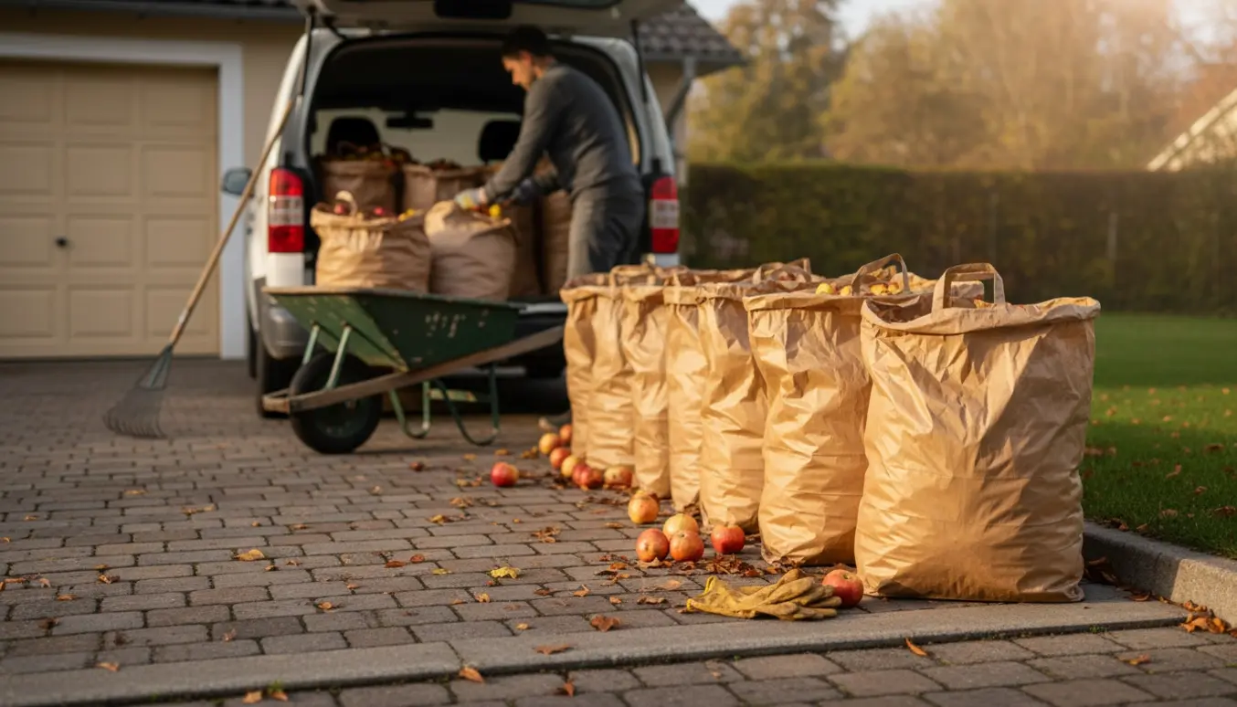 En person læsser poser med blade og æbler fra indkørslen ind i en varevogn, kun hænder og ryg ses.