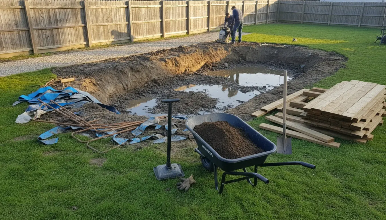 Baghave med næsten fjernet nedgravet pool, stakke af træterrasse, jord og værktøj klar til tilbagefyldning og komprimering.