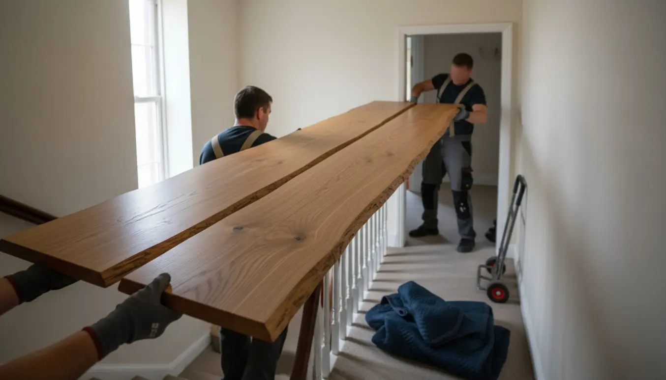 To flyttere bærer lange egetræsbordplader op ad en trappe til 2. sal, ansigterne er ikke tydelige.