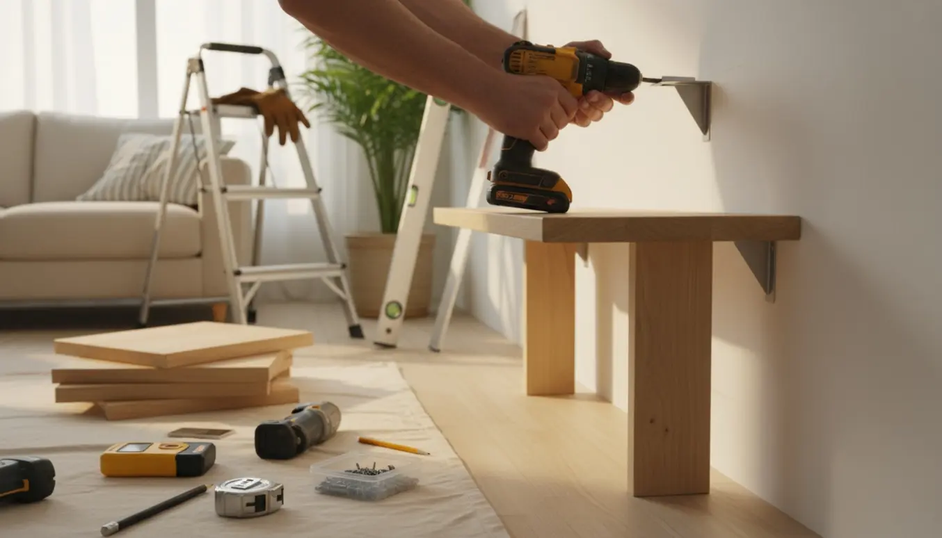 Nærbillede af hænder, der monterer en træreol på en væg med boremaskine og vaterpas i et lyst stuerum.