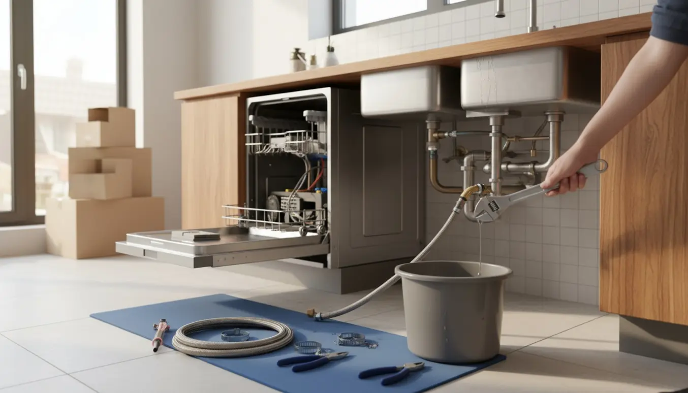 Delvist trukket opvaskemaskine og afmonteret køkkenvask med værktøj på gulvet, mens hænder frakobler vandtilslutninger.
