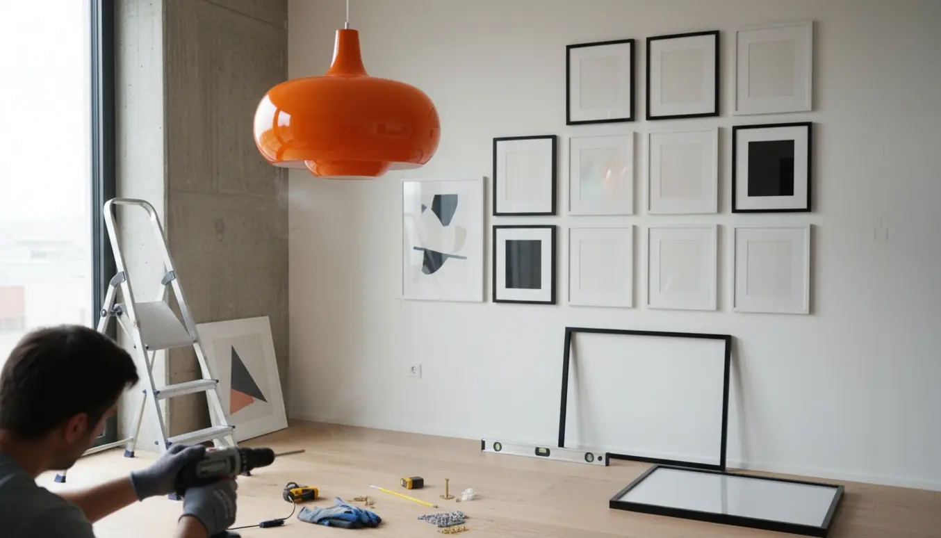 En stor Panton-lampe hænges op ved en gallerivæg med 16 rammer på beton- og gipsvægge, mens værktøj ligger klar.