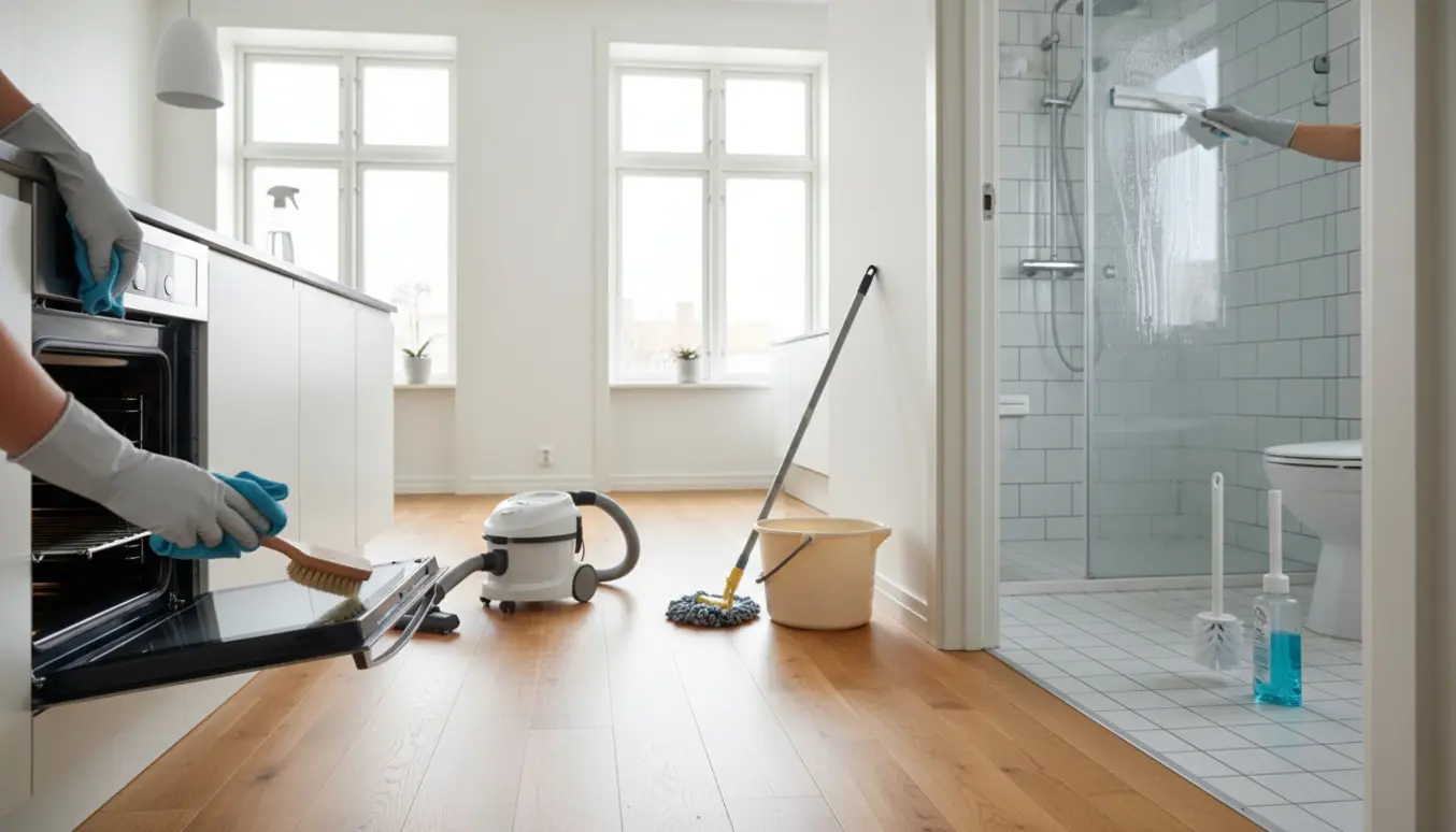 Hænder i handsker rengør ovn, gulv, brusekabine og toilet i et lyst hjem.