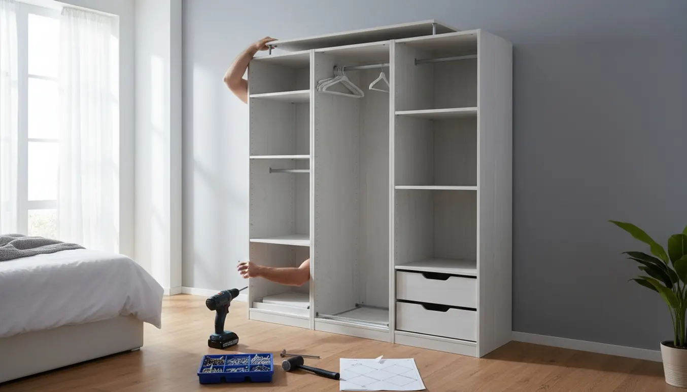 Halvfærdigt modulskab i lyst soveværelse med hylder, skuffer og værktøj under montering.