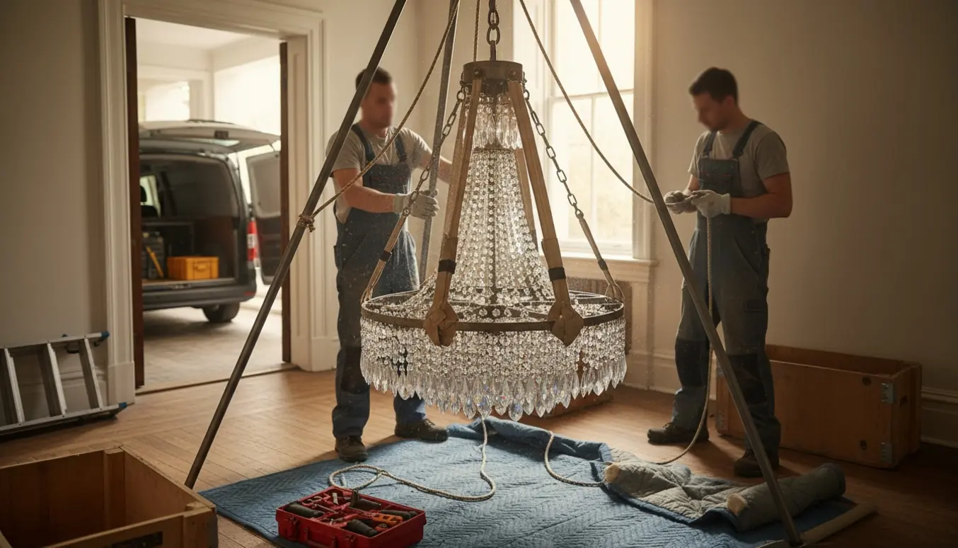 Støvet lysekrone sænkes forsigtigt fra et første sals trapperepos ved hjælp af et stativ, puder og sikkerhedsudstyr.