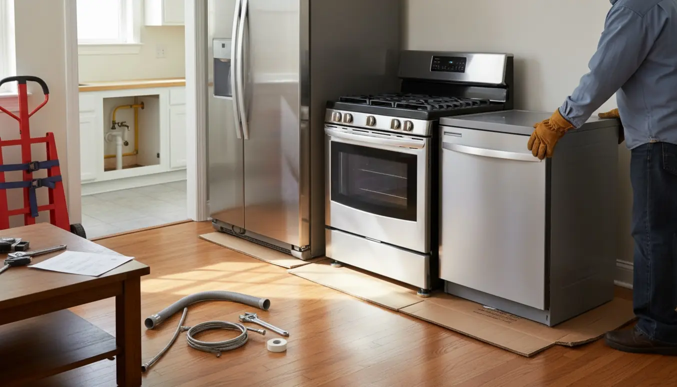 Komfur, køleskab og opvaskemaskine i stuen klar til montering tilbage i køkkenet.