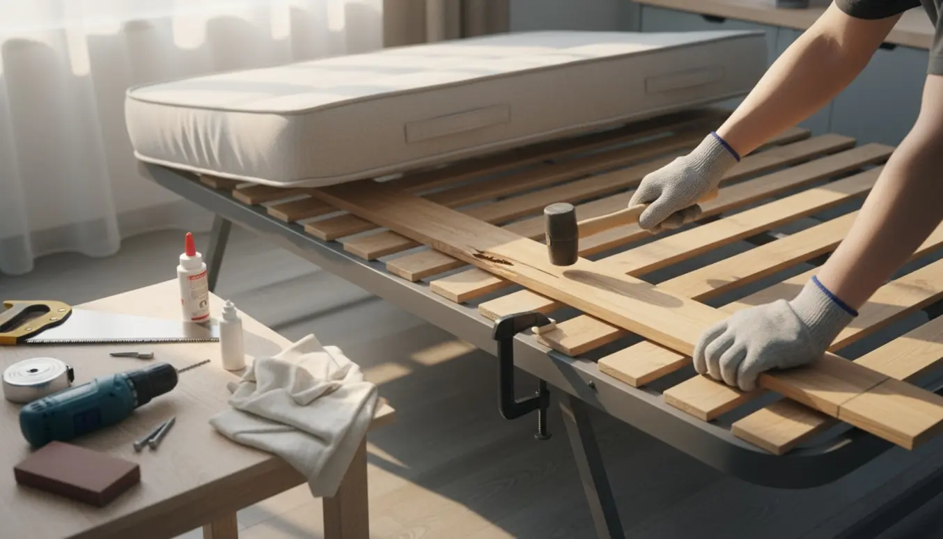 Hænder isætter en ny træplanke i en folde-sengs ramme for at erstatte en knækket slat.