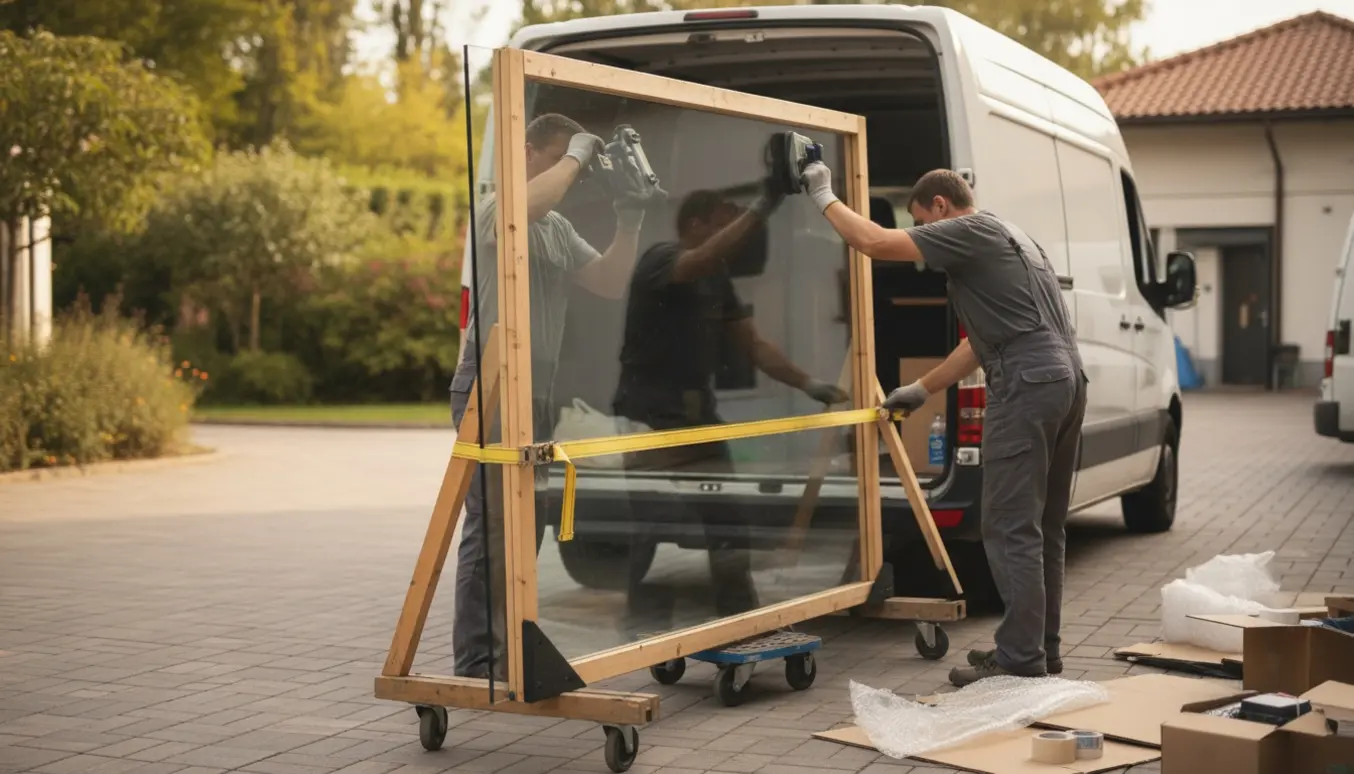 To personer læsser en 2-lags glasrude på ca. 125×185 cm ind i en varebil med sugekop og stropper.