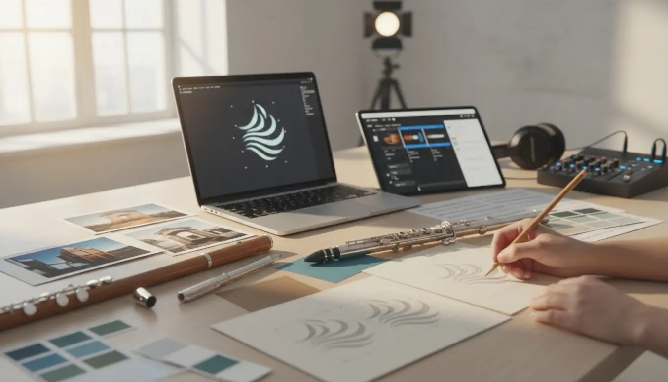 Designbord med skitser, skærme og blæseinstrumenter, der viser logoidé-udvikling til en professionel blæsertrio.