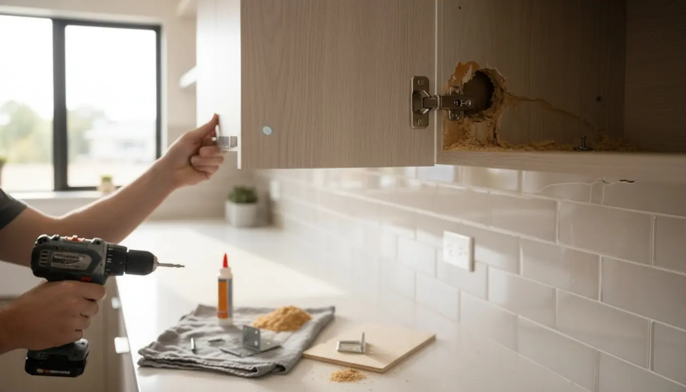 Hængende køkkenskab repareres med skruemaskine og beslag, hvor krummende spånplade og værktøj ligger på bordet.