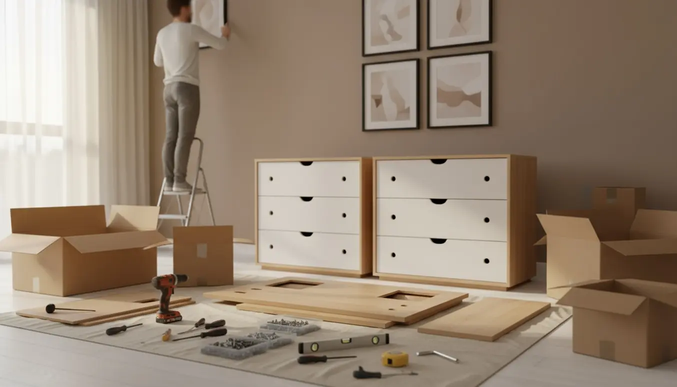 To delvist samlede kommoder med værktøj, mens fire billedrammer hænges op på en neutral væg.