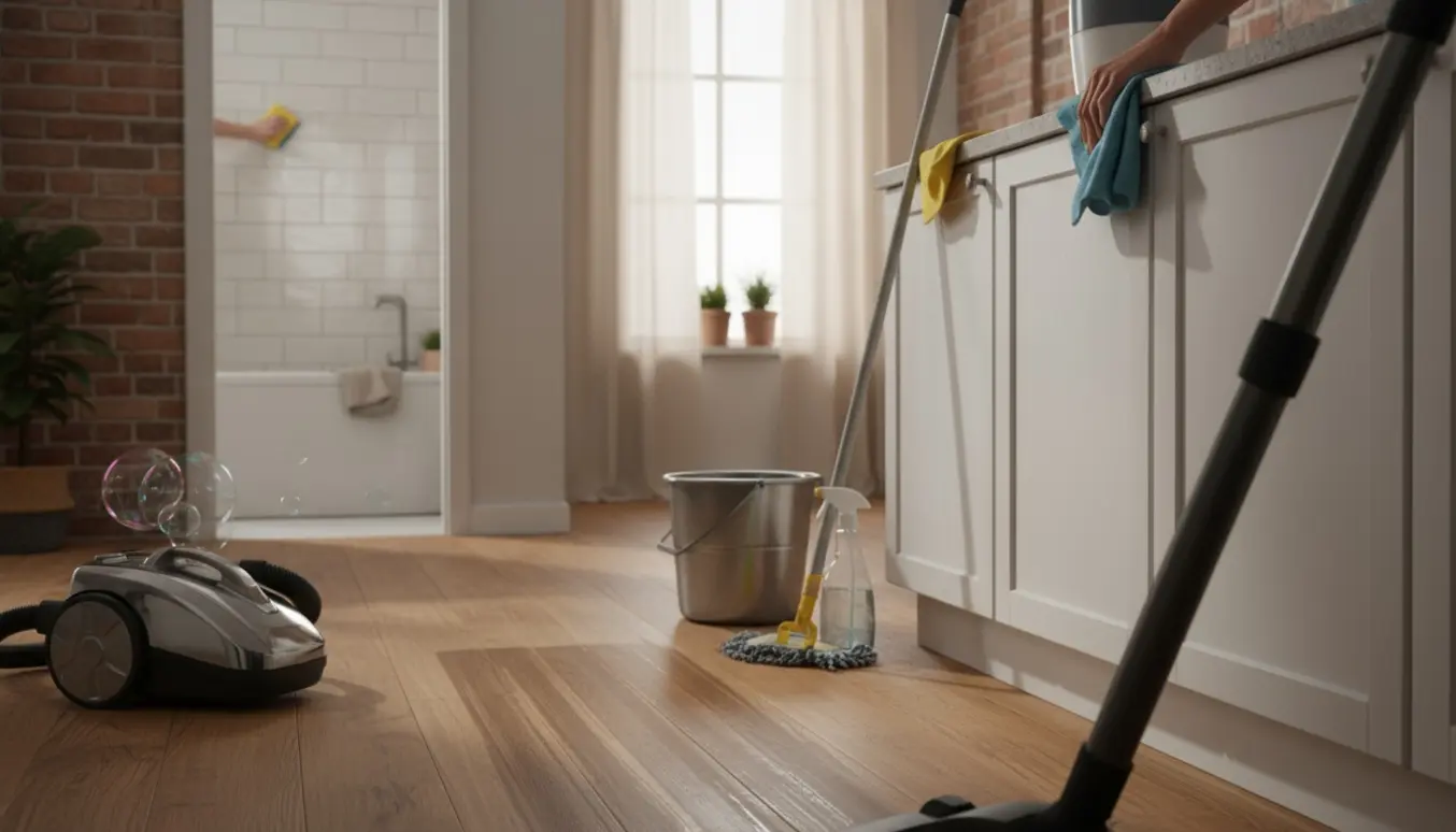 Hænder tørrer et køkkenskab med mikrofiber i en lille, solbeskinnet lejlighed under rengøring.