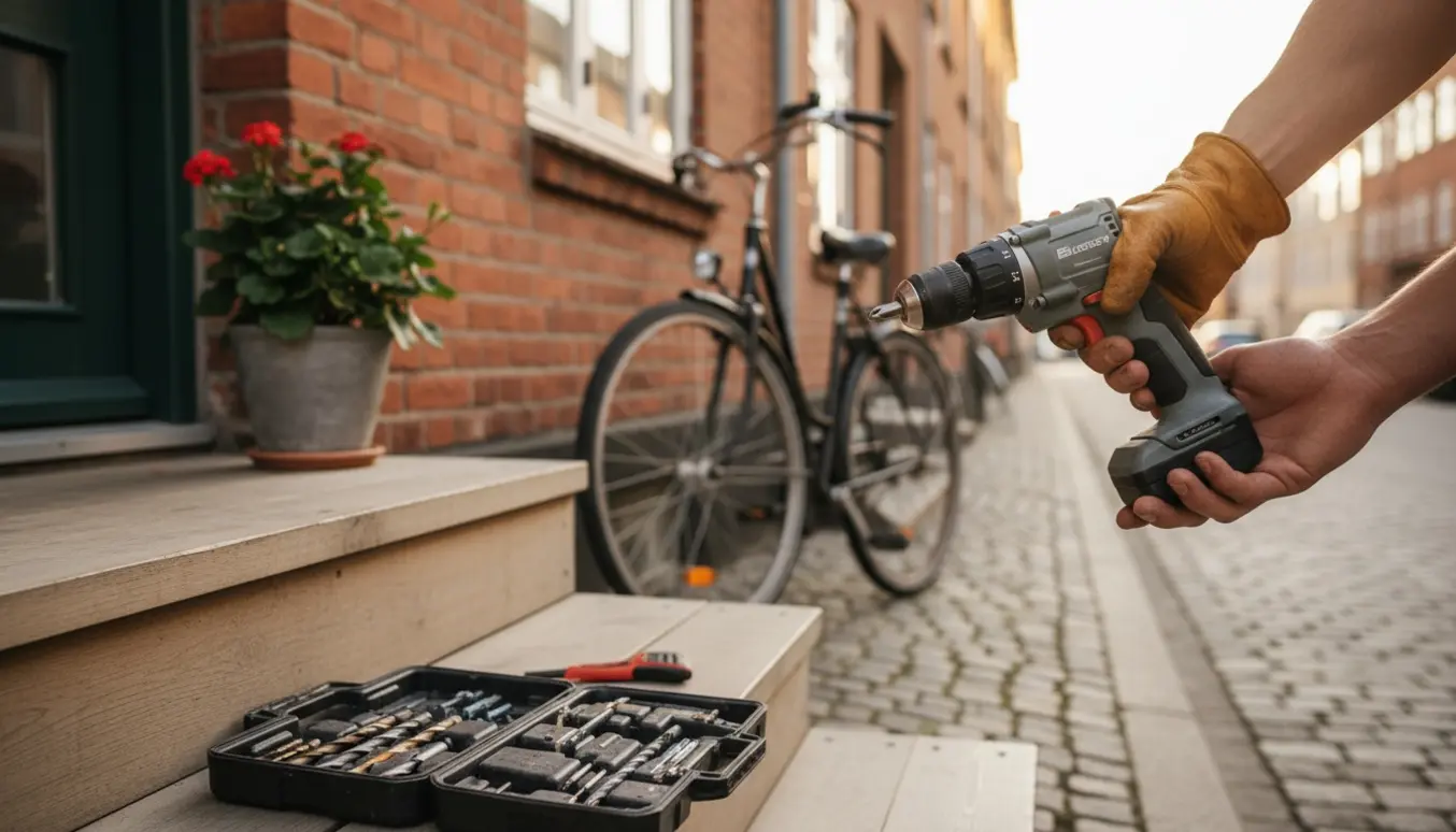 To hænder udveksler en slagboremaskine på en boligtrappe i Amager med en åben værktøjskasse og cykel i baggrunden.