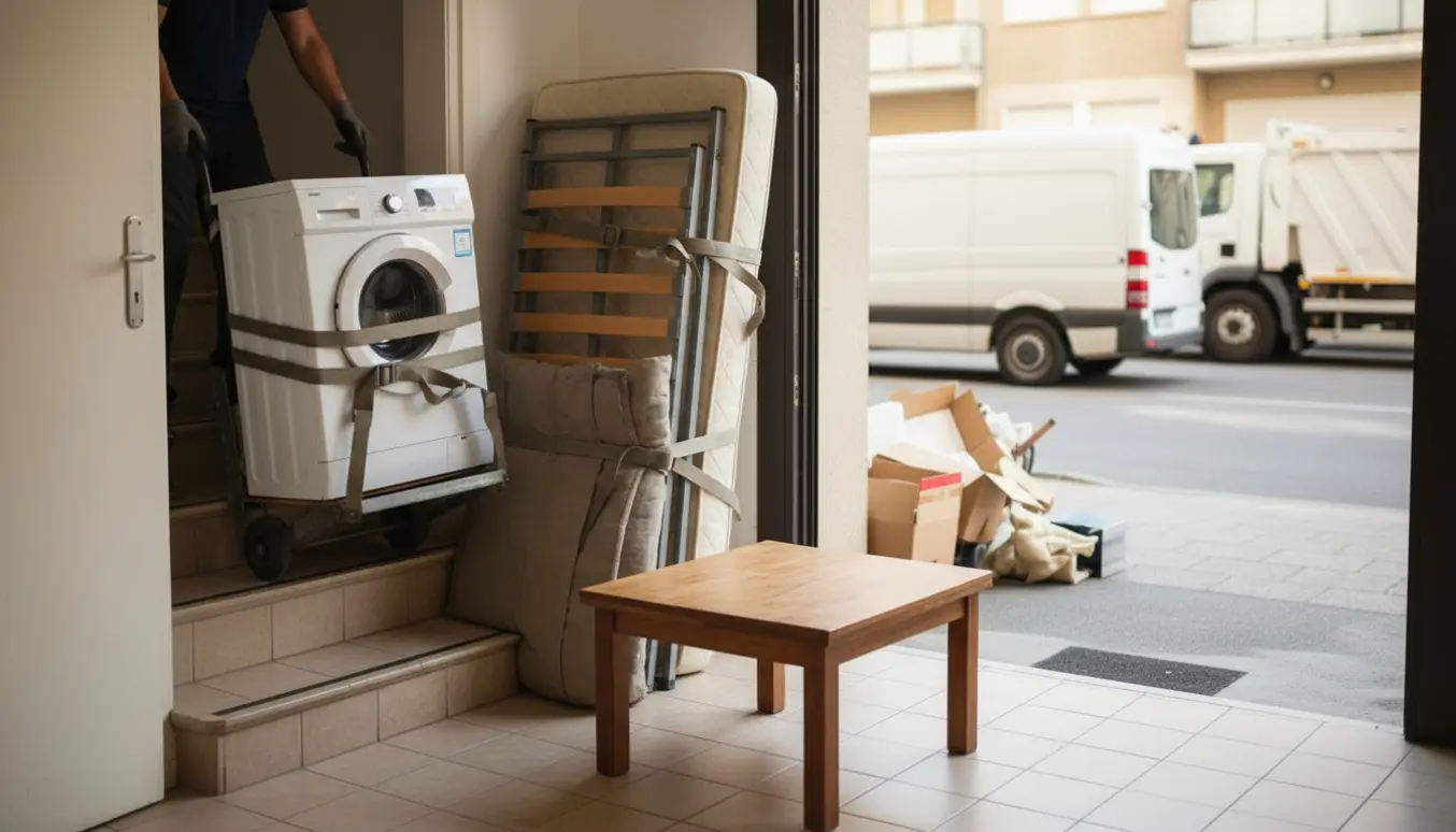 Flyttefolk trækker en vaskemaskine ned ad trappen, mens seng, sofabord og jernreol står klar ved hoveddøren til storskrald.