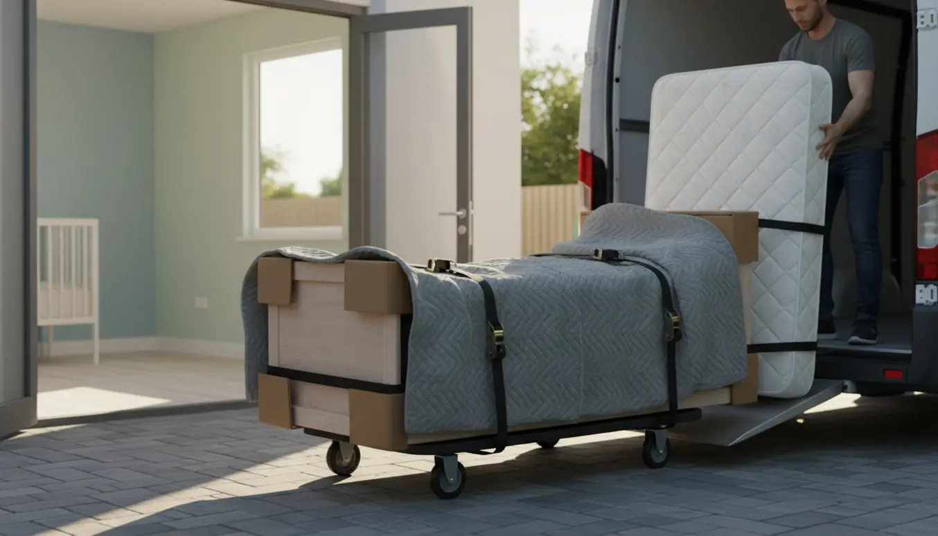 En juniorseng og madras er pakket ind i flyttetæpper og sikret på en dolly, klar til at blive båret ind i en flyttevogn.