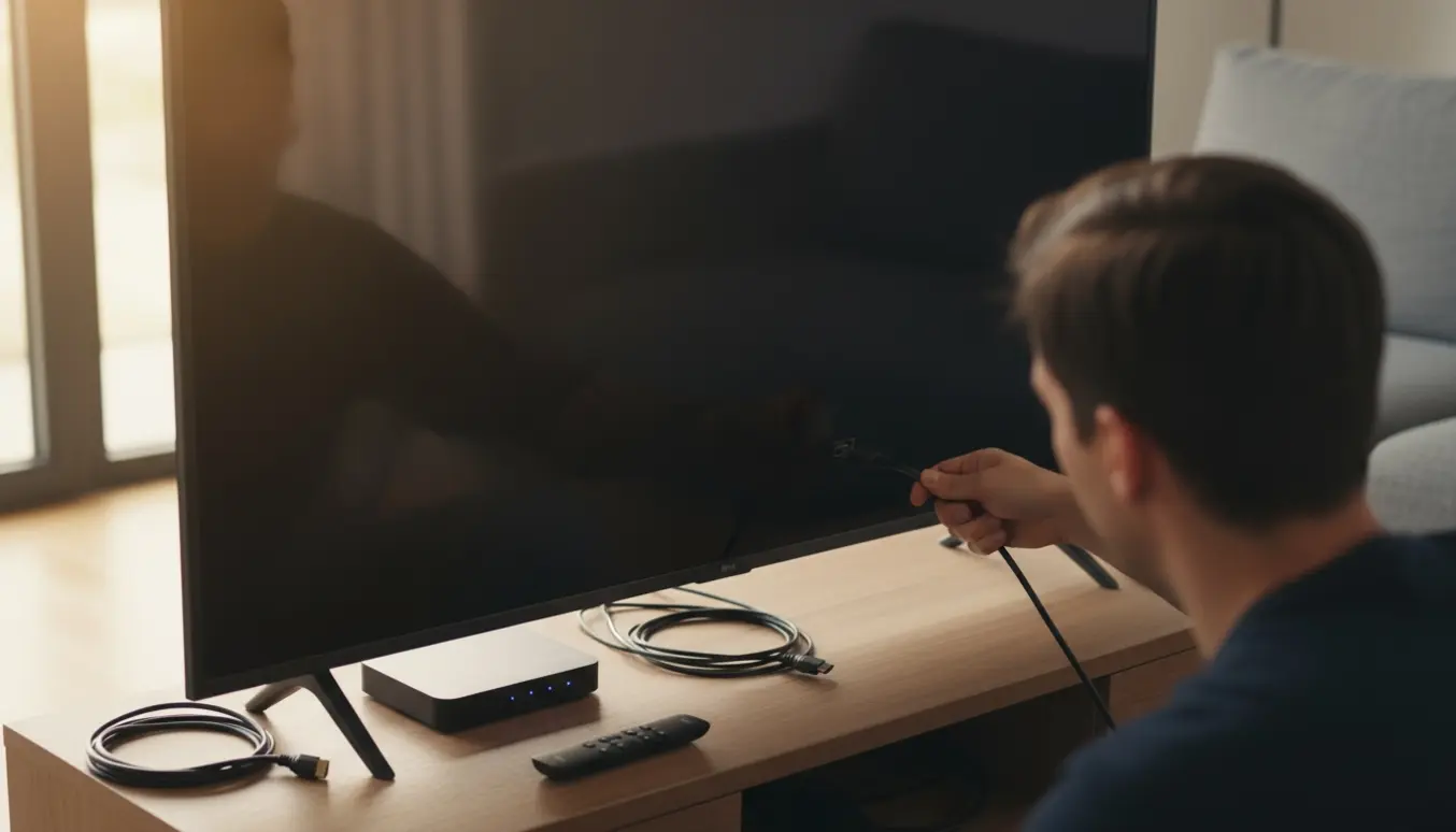 Hænder tjekker HDMI- og antennekabler bag et tv for at finde årsagen til manglende signal.