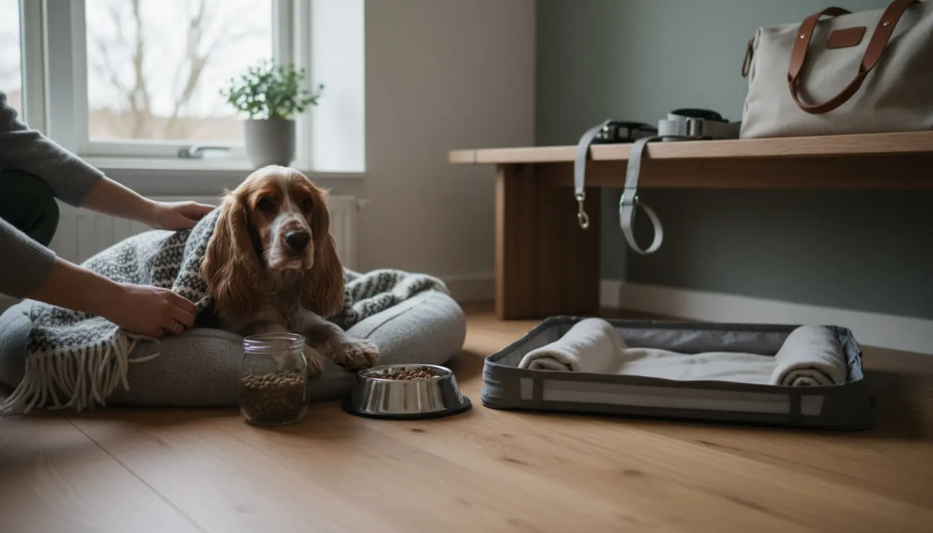 En cockerspaniel på en blød hundeseng i en hyggelig lejlighed med pasningsudstyr klar.