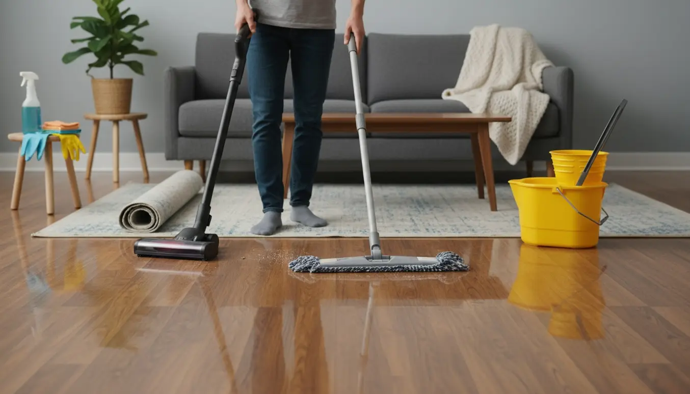 Person støvsuger og mopper trægulvet i en moderne lejlighed uden synlige vinduer.