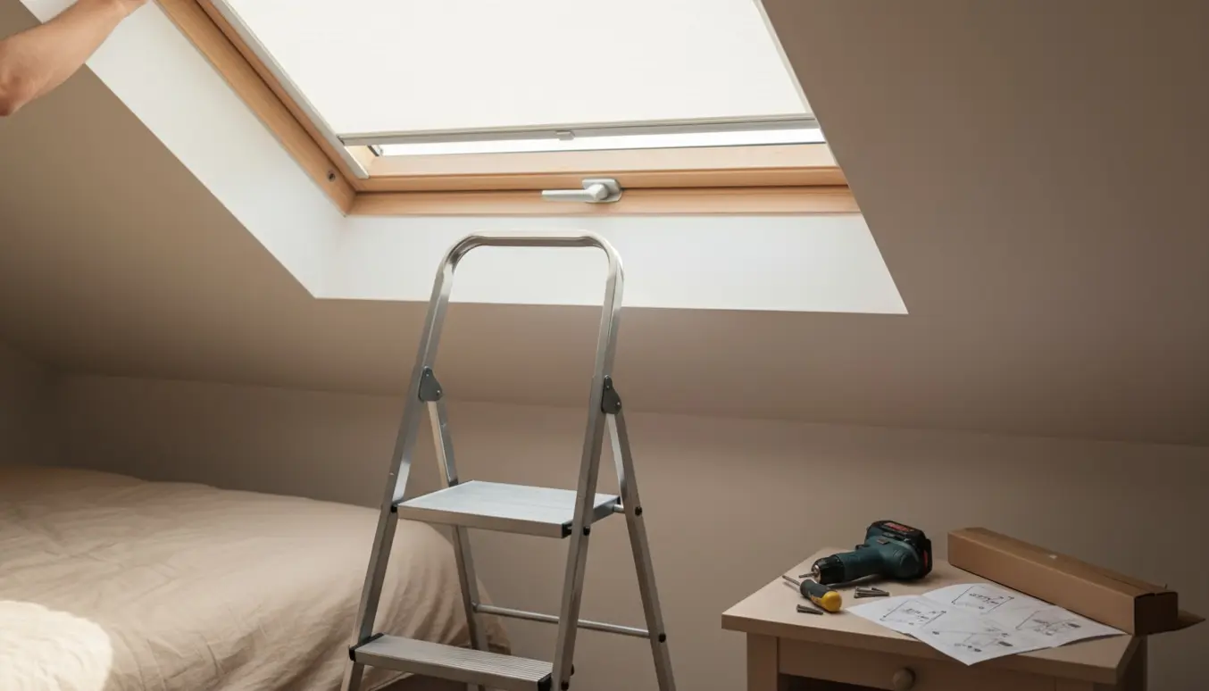 Hænder monterer et rullegardin i et tagvindue med værktøj og emballage i et lyst, ryddeligt loftsrum.