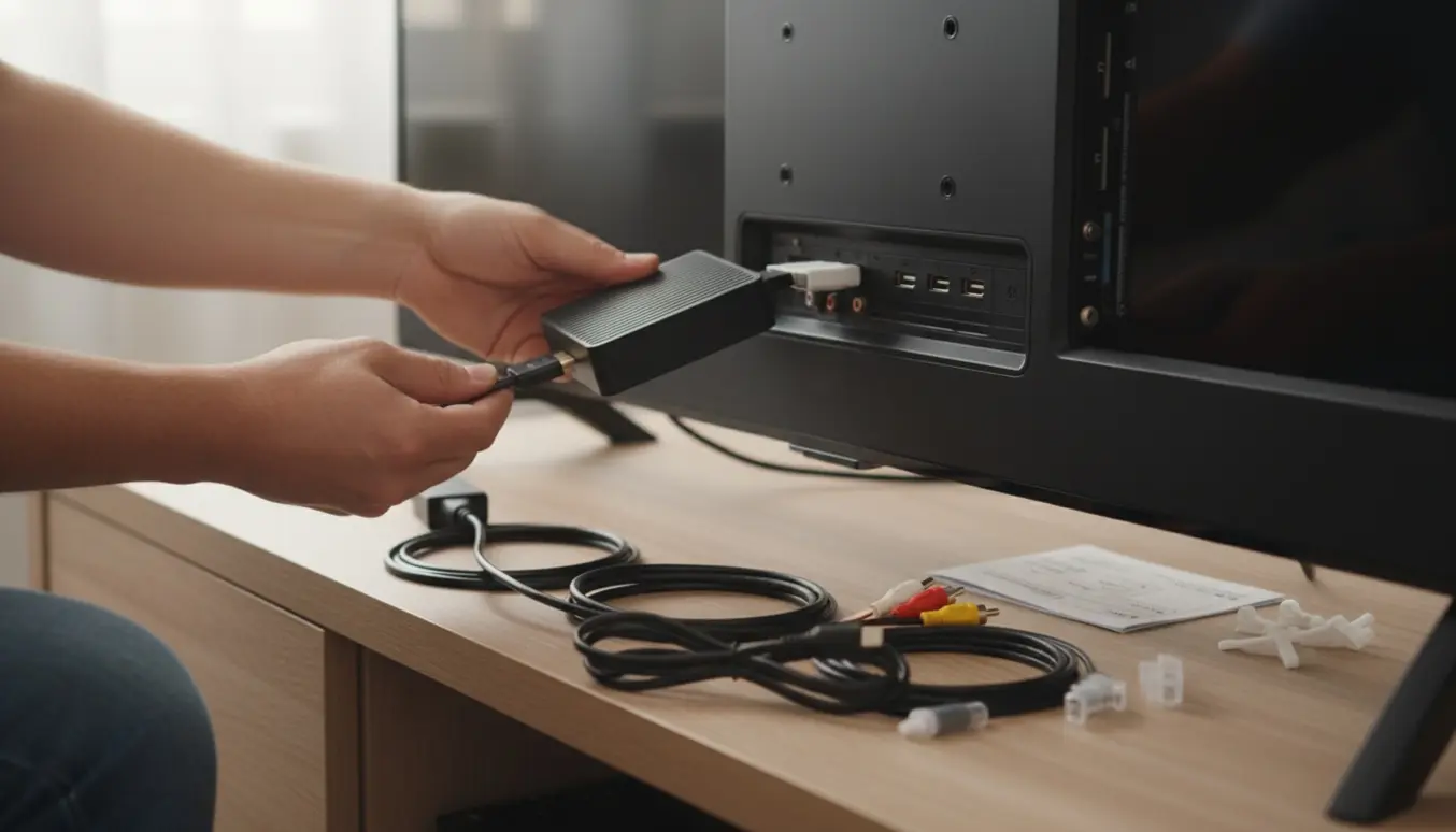 Hænder tilslutter en lille sort HDMI-box til bagsiden af et fladskærms-tv med HDMI- og lydkabler.