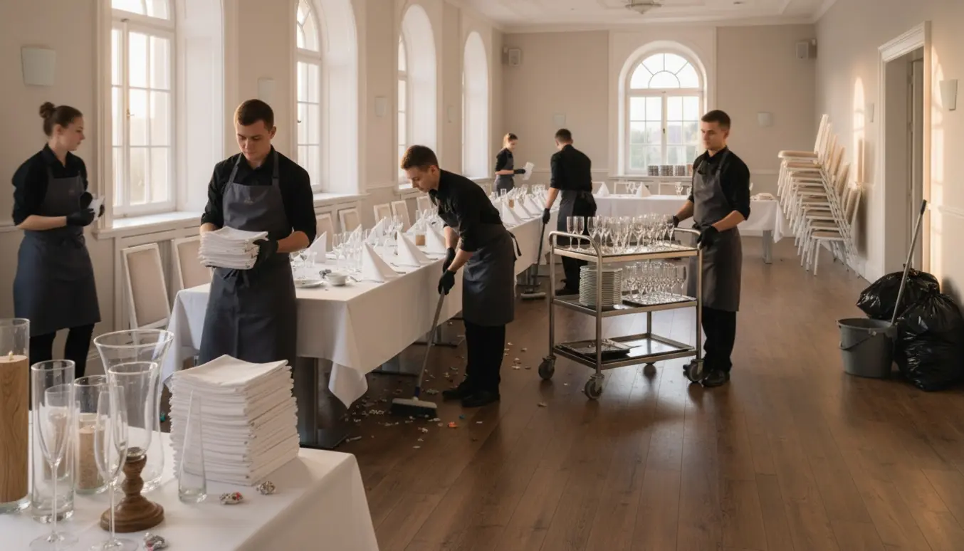 Servere rydder op efter bryllup i et lyst lokale med stablede stole, rullevogne og foldede duge.