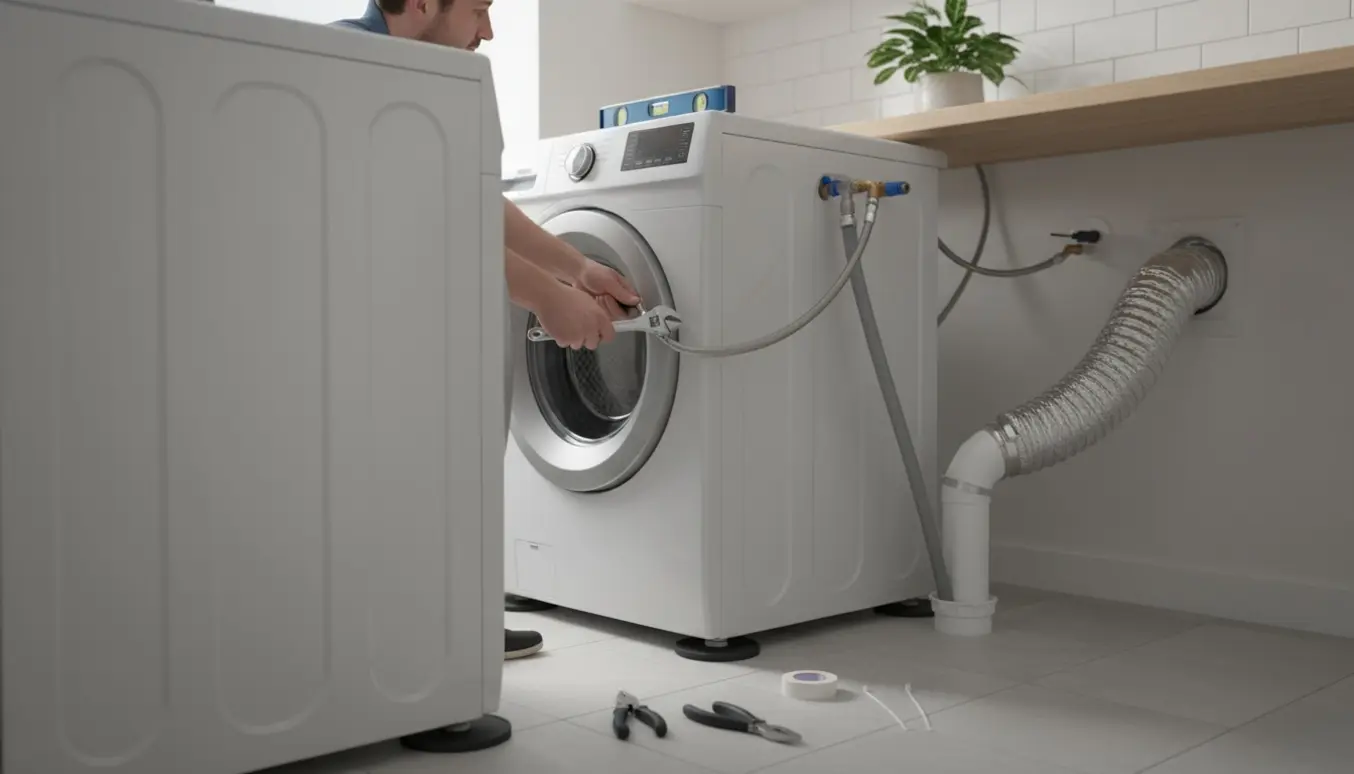 Nærbillede af montering af vaskemaskine og tørretumbler, hvor hænder forbinder slanger og ventilationskanal i et lyst vaskerum.