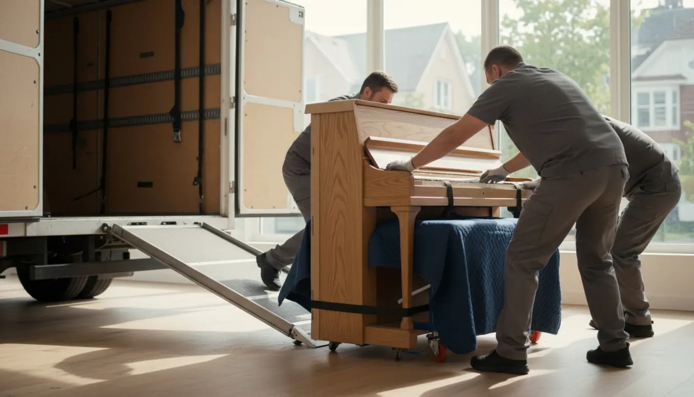 Et opretstående klaver læsses fra en lys lejlighed ind i en flyttebil med flytteudstyr og handsker i fokus.